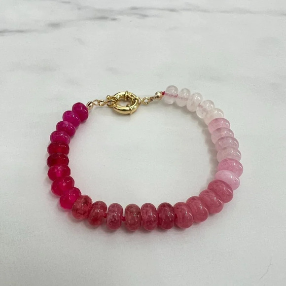 Ombre Pink Jade Gemstone Beaded Hand Knotted Bracelet Gold Filled Clasp - Picture 4 of 7